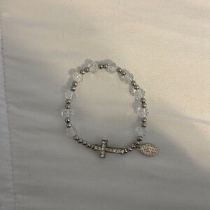 Silver and Clear Beaded Bracelet with Cross Charm